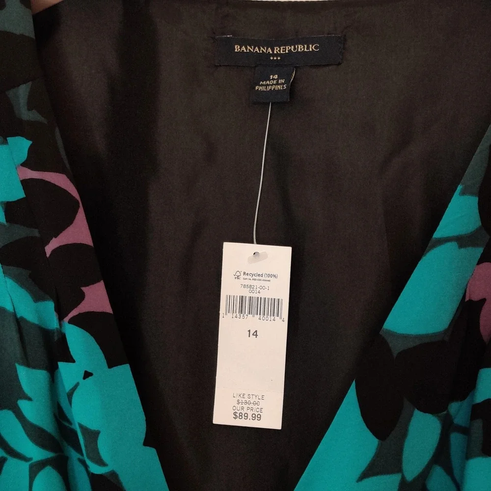Banana Republic Floral Print Wrap Dress Size 14 Teal Black Party Wedding Y2K NWT - Picture 3 of 16